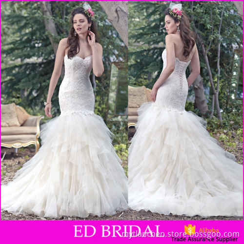 New Arrival 2016 Mermaid Off Shoulder Lace Top Luxury Ruffles Skirt Tulle Wedding Dress Lace